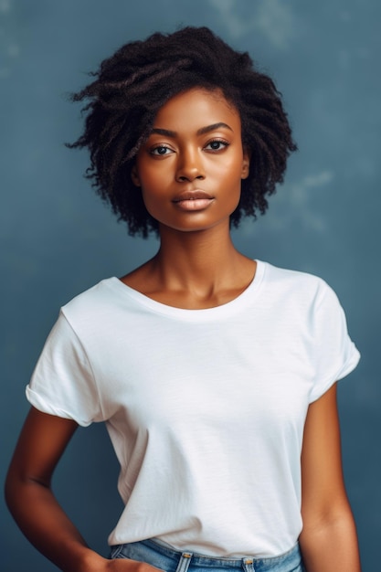 A woman in a white t - shirt stands in front of a blue wall.