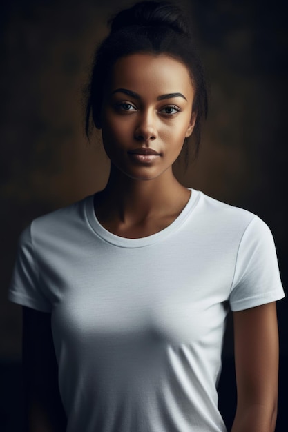 A woman in a white t - shirt stands in front of a dark background.