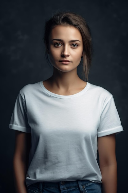 A woman in a white t - shirt stands in front of a dark background.