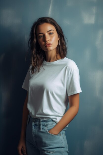 A woman in a white t - shirt stands in front of a gray wall.