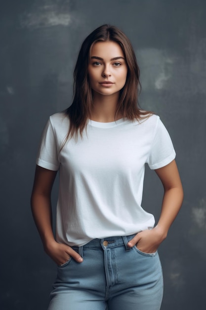 A woman in a white t - shirt stands in front of a gray wall