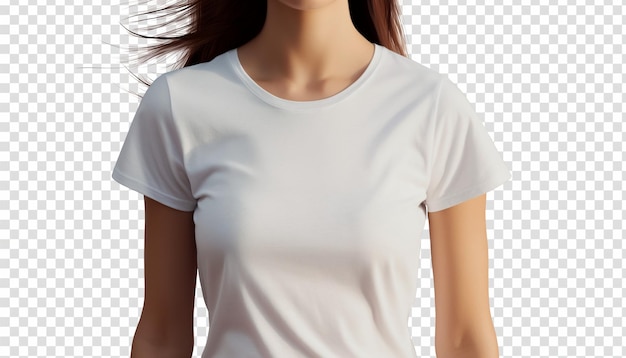 a woman in a white t shirt stands in front of a transparent background