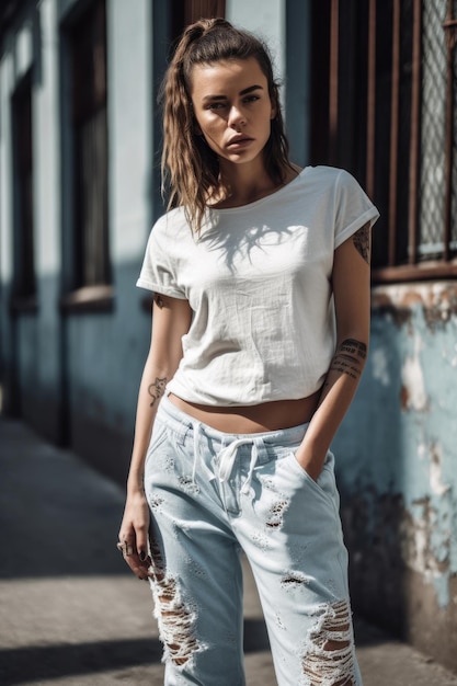 A woman in a white t shirt