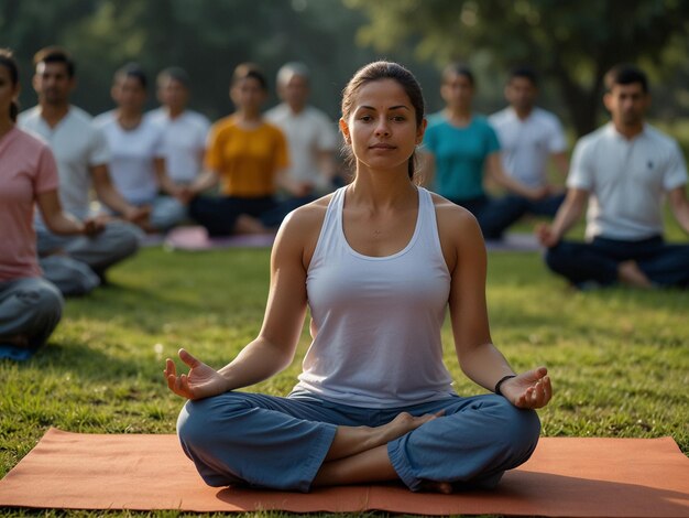 a woman in a white tank top is doing yoga