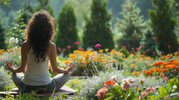 Photo a woman in a white tank top meditates in a yoga pose in a flower garden