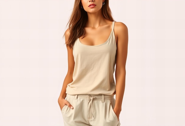 a woman in a white tank top with a white tank top and khaki pants