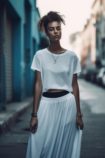 A woman in a white top and a black necklace stands in the street.