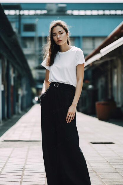 A woman in a white top and black skirt stands on a street