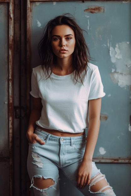 A woman in a white top and blue jeans stands in front of a wall