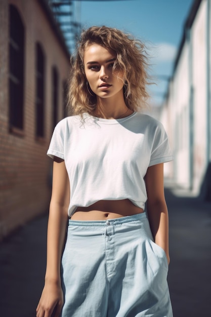 A woman in a white top and blue pants stands in a alley.