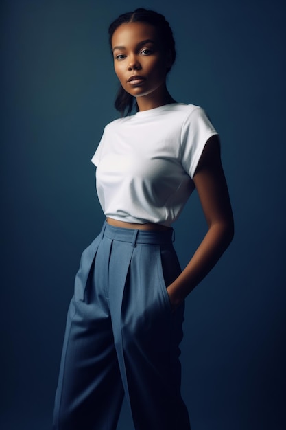 A woman in a white top and blue pants stands in a dark room.