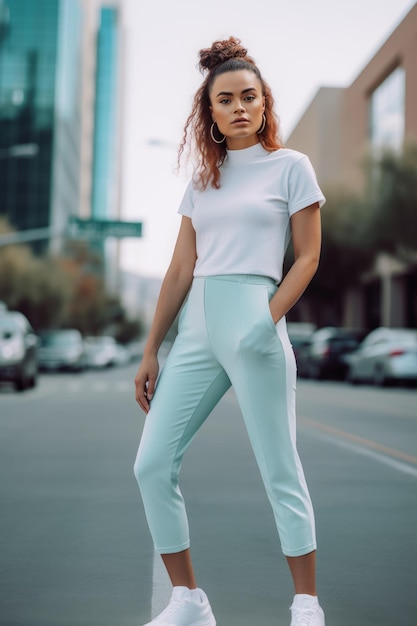 A woman in a white top and blue pants stands on a street in front of a building.