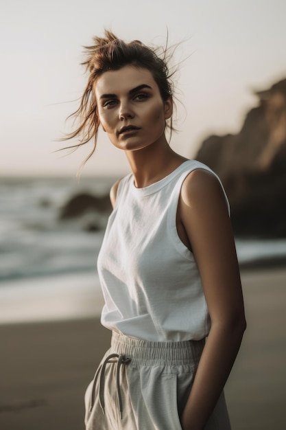 A woman in a white top and gray pants stands on a beach