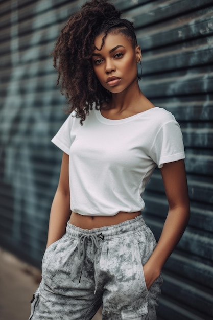 A woman in a white top and grey pants stands in front of a black wall.