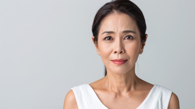 A woman in a white top makes eye contact with the camera