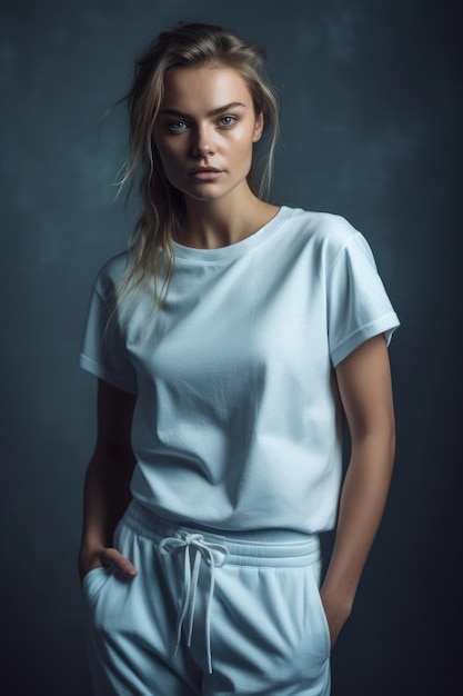 A woman in a white top and white pants stands in front of a dark background