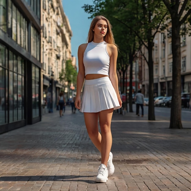 Photo a woman in a white top and a white skirt is walking down a street