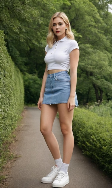 a woman in a white top and a white top is standing on a path