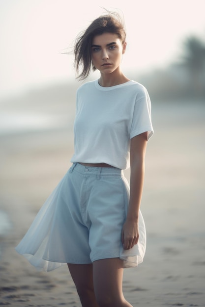 A woman in a white top and a white top stands on a beach.