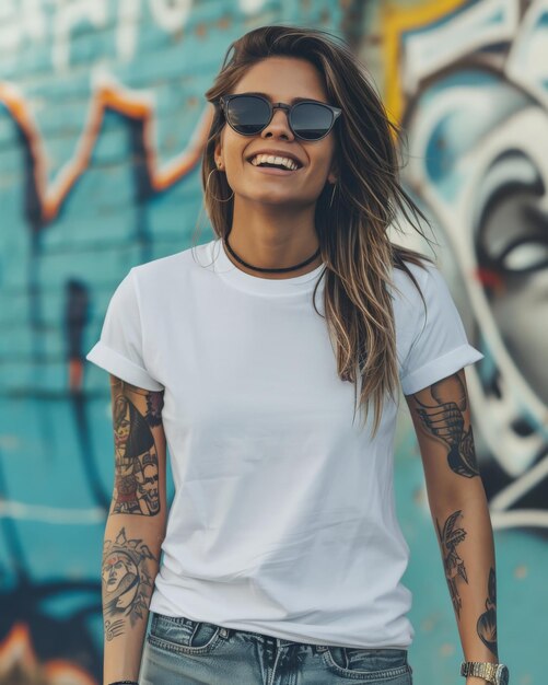 Woman in a white tshirt against graffiti wall