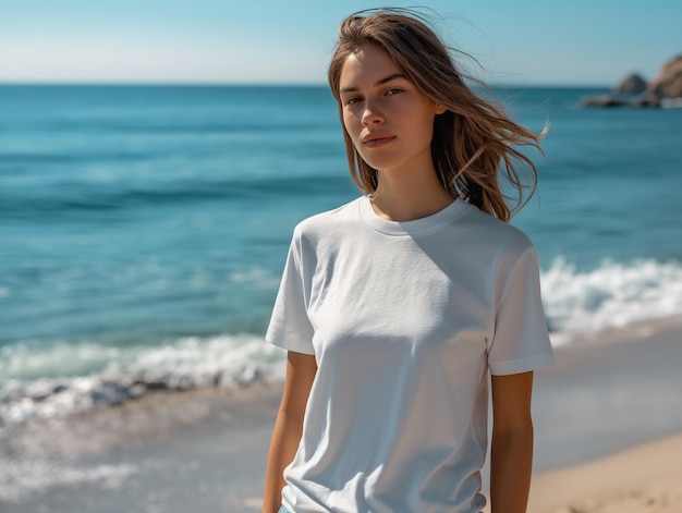 Woman in White Tshirt on Beach Generative AI