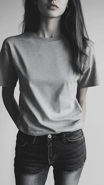 Woman in a white tshirt and jeans black and white