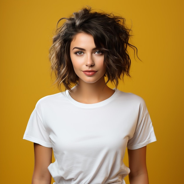 woman in white tshirt posing fashion mockup advertisement