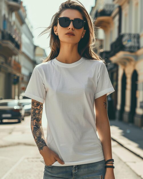 A woman in a white tshirt walks down a city street