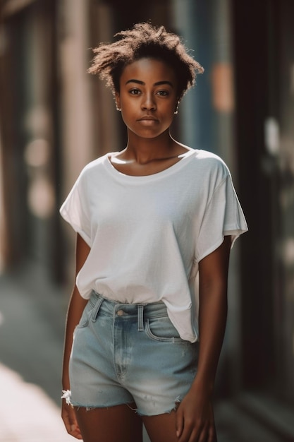 A woman in a white tshirt