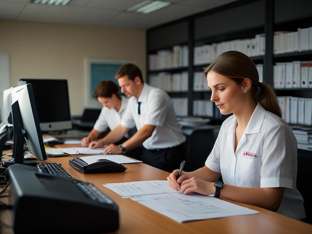 a woman in a white uniform is writing in a notebook with a red name tag on it