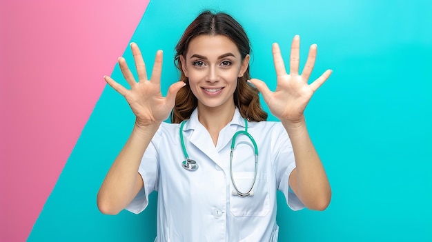 a woman in a white uniform with the hands up with the numbers 4 5 and 5 are shown