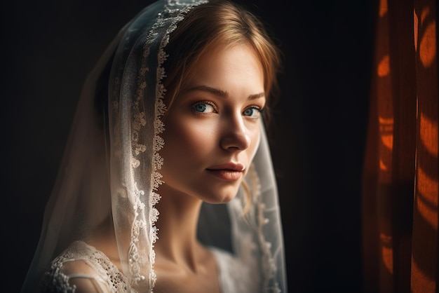 A woman in a white wedding dress is looking into the camera.