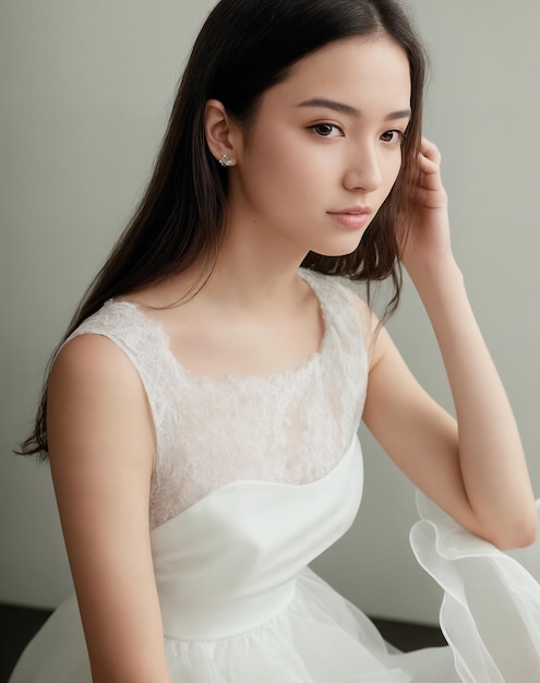 A woman in a white wedding dress is sitting in a chair