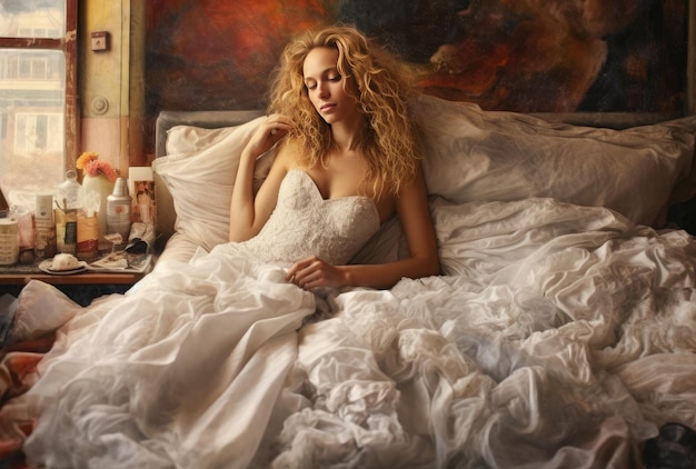 A woman in a white wedding dress lies in bed with a painting behind her.