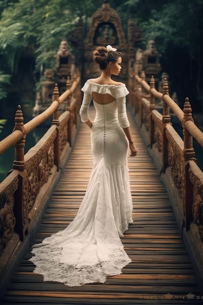 A woman in a white wedding dress walks across a bridge