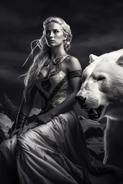 Photo a woman and a white wolf