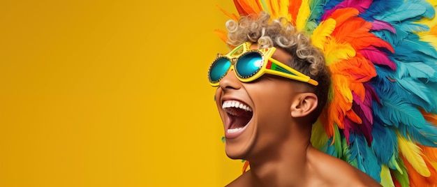 Woman in wig and carnival costume with many colors she is laughing Yellow background