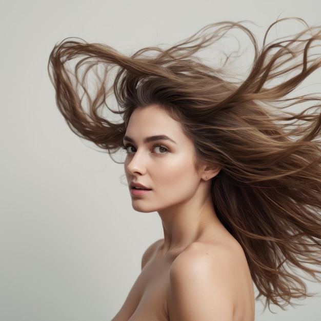 Woman wildly flipping hair on white background