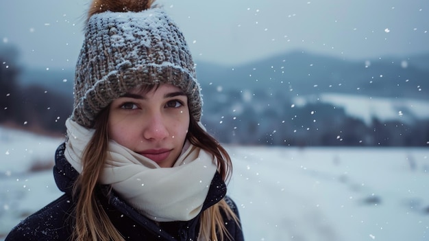 A woman in winter clothing standing in a snowy landscape Her bundledup attire and serene expression highlight the beauty and tranquility of the winter season