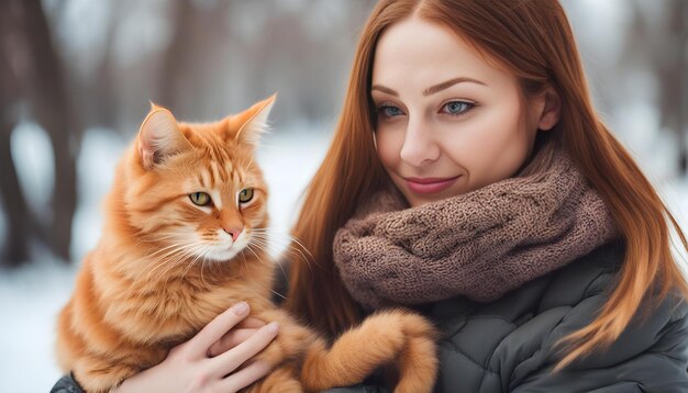 Photo a woman in a winter coat holds a cat in the snow