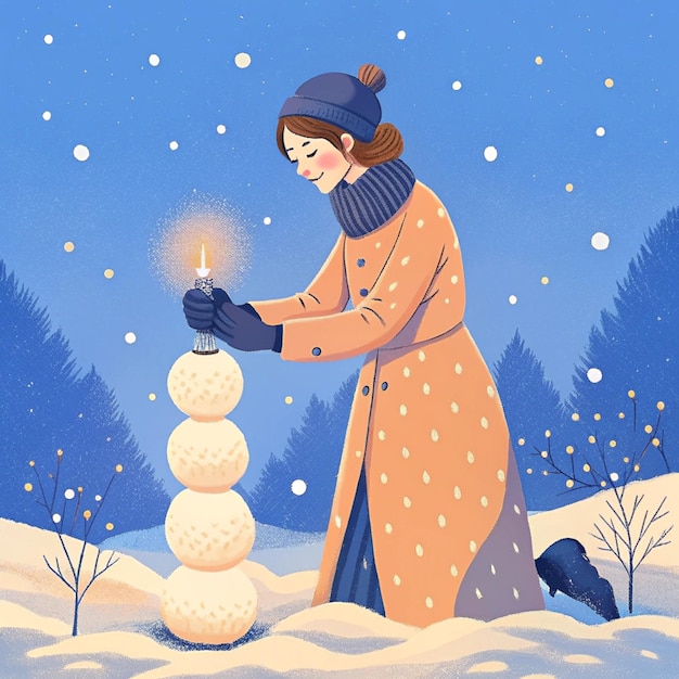 Photo a woman in a winter coat with a lit candle in her hand and a fire in the snow