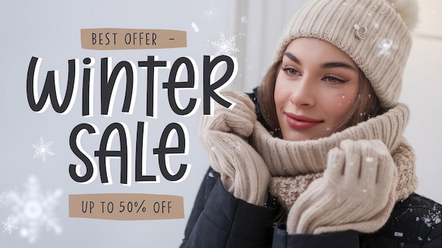 a woman in a winter coat with a scarf on her head and a scarf that says enter sale