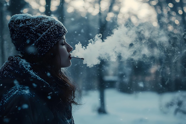 Photo woman in winter forest exhaling warm breath in cold air wearing knitted hat at sunset