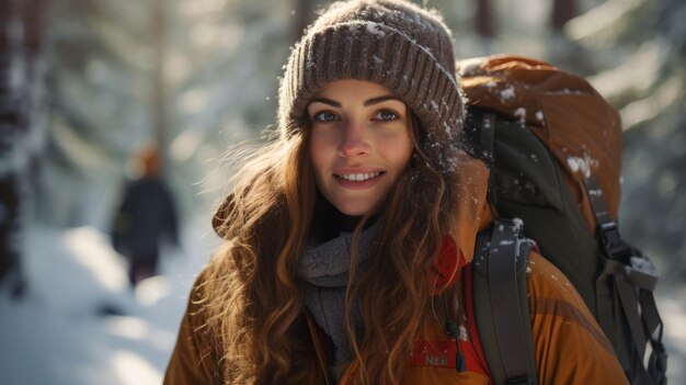 Photo woman in a winter warm jacket with fur and backpack walks in the snowy winter pine forest