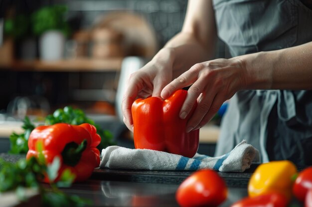 Photo woman wiping bell pepper with paper towel in kitchen preparing for freezing washing vegetables