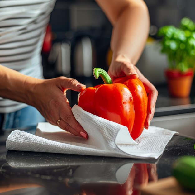 Photo woman wiping bell pepper with paper towel in kitchen preparing for freezing washing vegetables