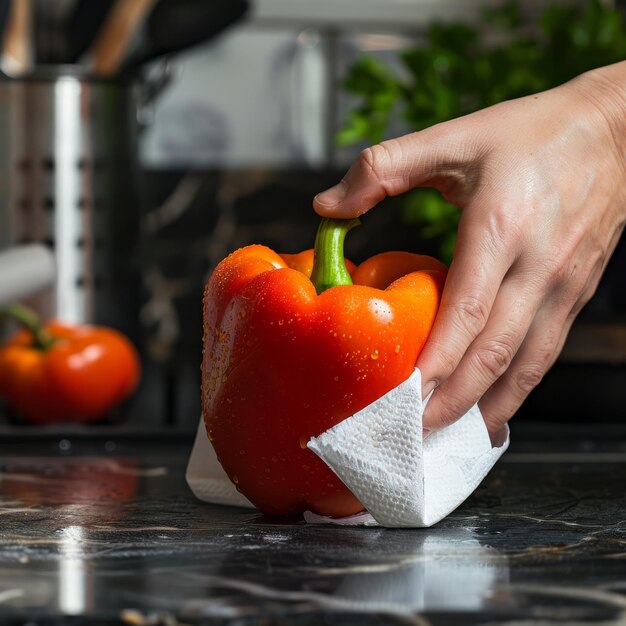 Photo woman wiping bell pepper with paper towel in kitchen preparing for freezing washing vegetables