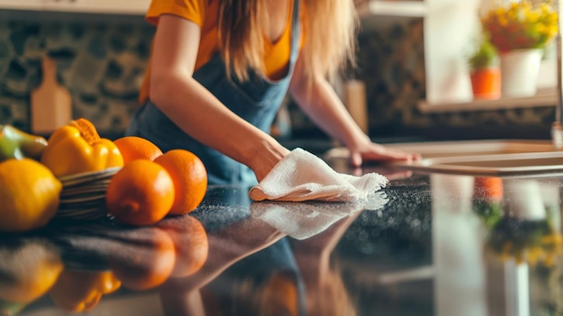 Photo woman wiping down counters in her kitchen making them look fresh and clean