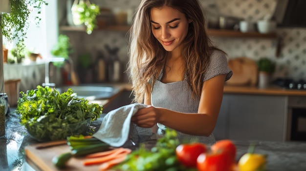 Photo a woman wiping down kitchen counters with a cloth effortlessly maintaining a clean and organized cooking space