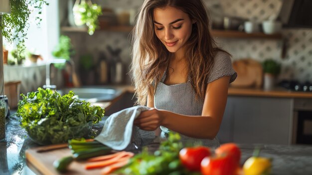 Photo a woman wiping down kitchen counters with a cloth effortlessly maintaining a clean and organized